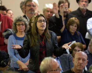 gbs022516e/ASEC -- Michelle Heath of Albuquerque described herself as the demographic the Albuquerque Rapid Transit project on Central is targeting but said she was opposed to the project at a public meeting at the Immanuel Presbyterian Church on Thursday, February 25, 2016. (Greg Sorber/Albuquerque Journal)