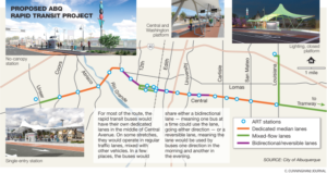The city of Albuquerque is distributing these renderings about the proposed Albuquerque Rapid Transit bus, including a canopy-covered station that would sit at Cornell and Central, a key entrance to the University of New Mexico, and the kiosks at which passengers would buy tickets before boarding the bus at the proposed Downtown bus station at Second and Copper NW.