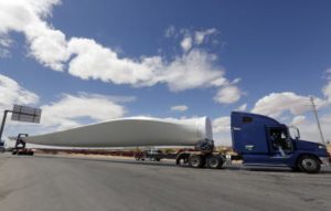 A truck transporting a wind blade wait in line to cross into the United States at the Santa Teresa-San Jeronimo border crossing, near Ciudad Juarez, Mexico, Thursday, March 31, 2016. (Andres Leighton/For the Albuquerque Journal)