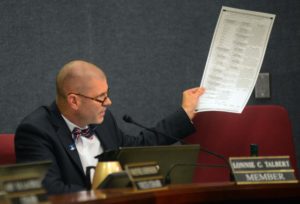 Bernalillo County Commissioner Lonnie Talbert, holds a sample ballot during the Bernalillo County Commission meeting about adding items to the ballot in the November General elections .Photographed on Thursday September 8, 2016.Adolphe Pierre-Louis/JOURNAL